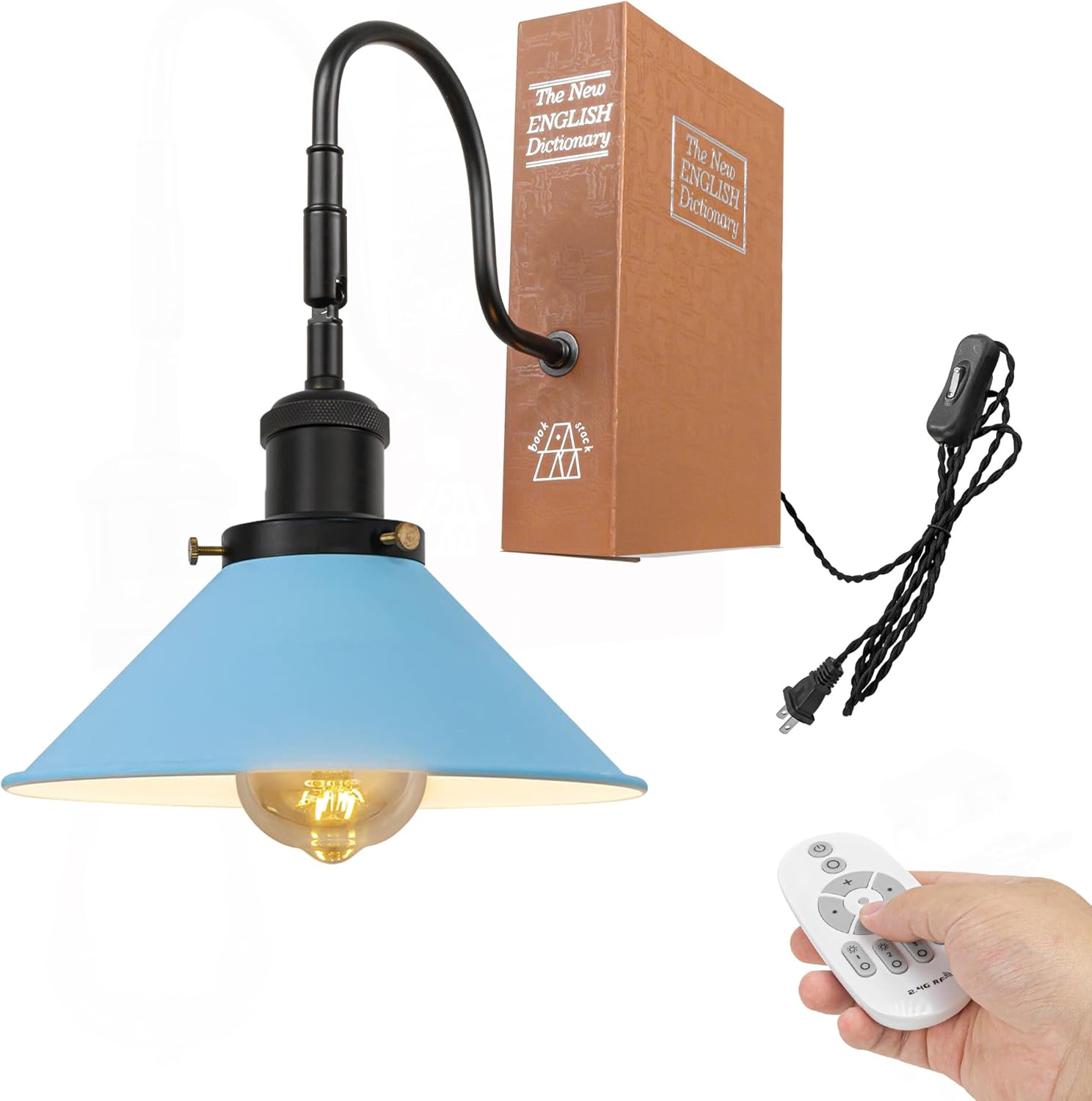 Kiven 1-Light Vintage Bookshelf Table Lamp with Remote Control, Farmhouse Decorative Bookend, Plug in Book Lamp for Office Home Decor Bedside Bookcase, Black