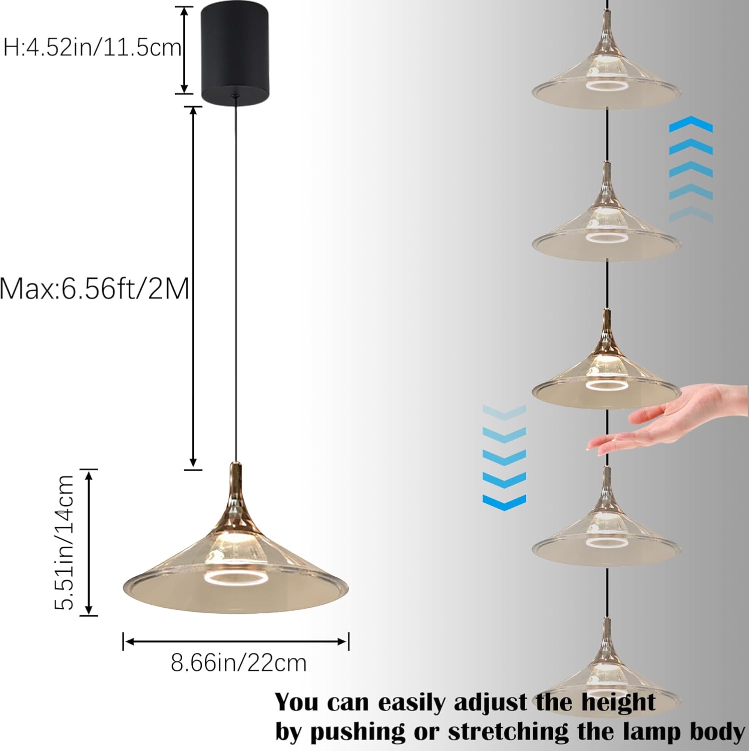 Adjustable 3-Lights Track Pendant Light with easy height adjustment, black canopy and adjustable wire length.