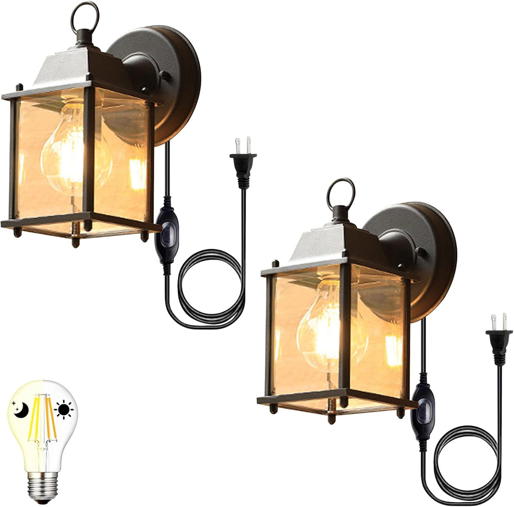Kiven Clear Glass Black Barn Light AUTO Wall Light Photocell with UL Waterproof Switch Plug-in Cord LED Dusk to Dawn Light Bulb 8W 60W Equivalent,2700K Warm White Dimmable for Porch Backyard