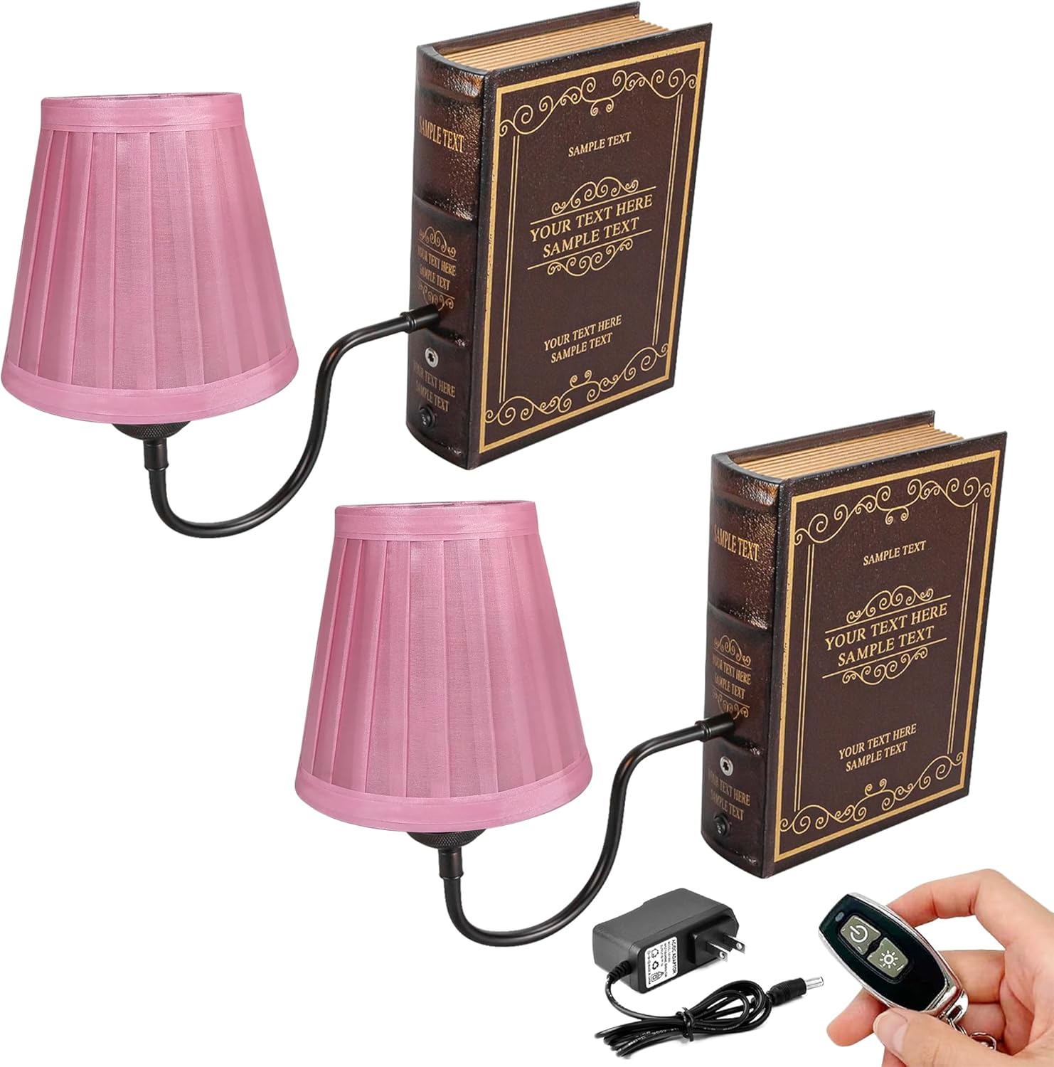 Kiven Cordless Bookshelf Lamp, Set of 2 Rechargeable Bookcase Lighting with Pink Fabric Lampshade, Farmhouse Decorative Bookend, Cordless Table Lamp for Bedside Bookshelf Home Decor