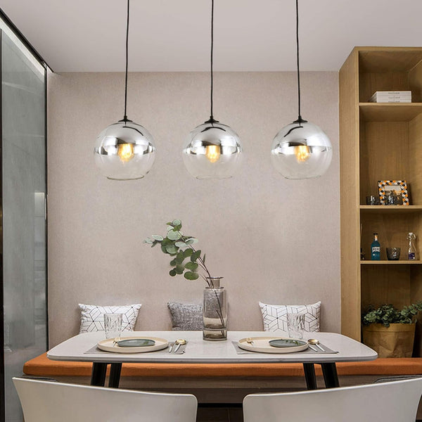 L Track Pendant Light with Globe Glass Shade Vintage Mini Track Pendants 36 inches Cord Chrome E26 Chandelier Dimmer for Background Wall Dining Room Kitchen Island 3 Packs Customizable