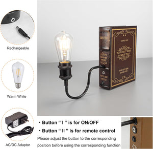 Kiven Cordless Book Lamp with Edison bulb, rechargeable, book-shaped design, remote control, and AC/DC adaptor.