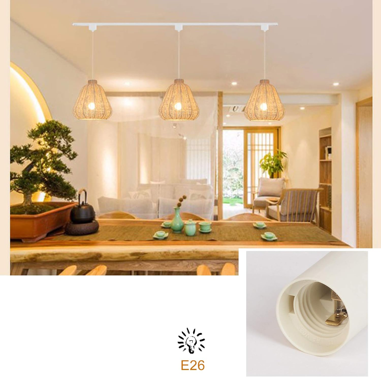 Dimmable H-Type Track Pendant Lights for Modern Farmhouse Customizable Semi Flush White Metal Twine Natural Rattan Lampshade Compatible with 3-Wire-1 Circuit Track System