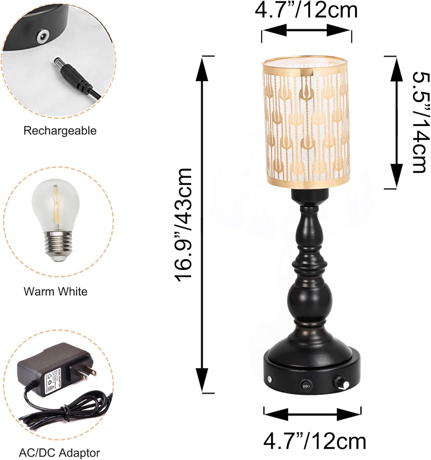Kiven Cordless Table Lamp,Dimmable Rustic Farmhouse Bedside Desk Lamps with Metal Lampshade,2700K Warm White, Rechargeable Nightstand Lamp for Office Home Decor Bedside DZ0472