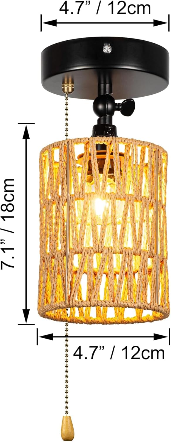 Kiven Adjustable Wall Light, Zipper Switch 12V RV Twine Natural Boho Hollow-Carved Designed Rattan Shade, E12 Socket Semi Flush Mount Interior Lighting Decorative for RV Camper Hallway 2 Pcs
