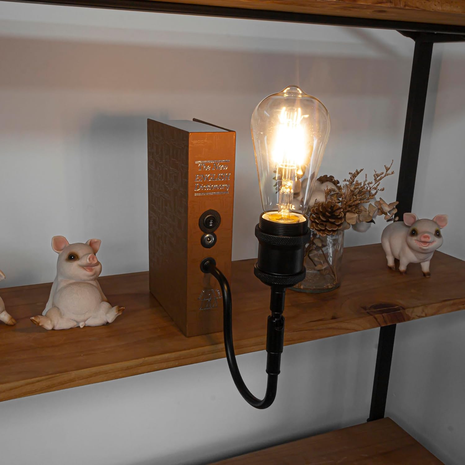 Kiven Cordless Bookshelf Lamp, 1-Light Rechargeable Bookcase Lighting with Iron Lampshade, Farmhouse Decorative Bookend, Cordless Table Lamp for Bedside Cabinet Bookshelf Home Decor,Black