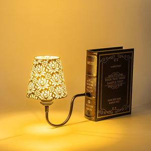 Kiven cordless bookshelf lamp with floral shade, book base, and warm light, farmhouse decor. Includes sample text.