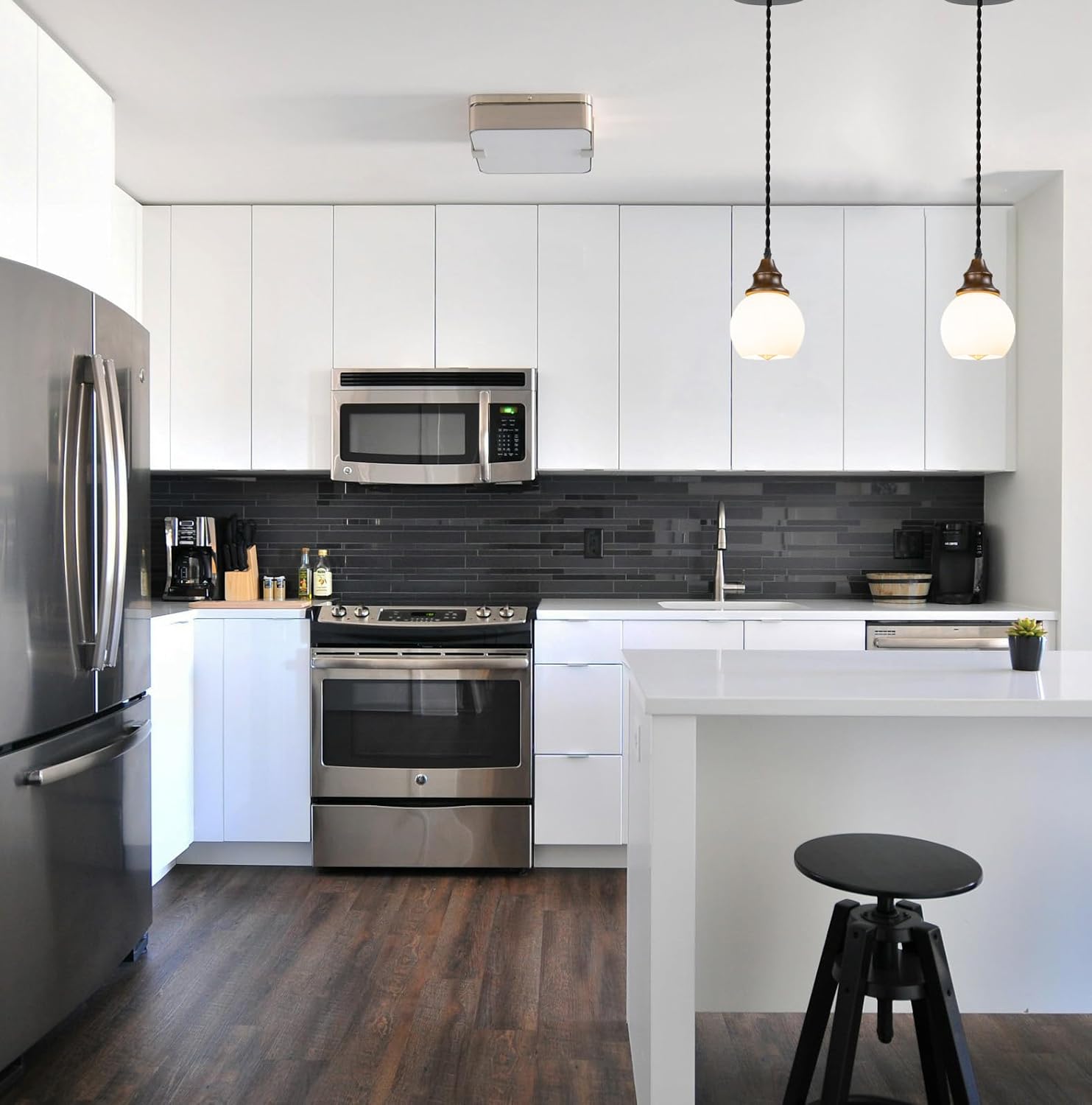 Black 7" Metal Dome Instant Pendant Walnut Base White Glass Ball Shade Vintage Design Hanging Lamp 4"-6" Recessed Light Replacement Downlight for Kitchen(No Bulb)