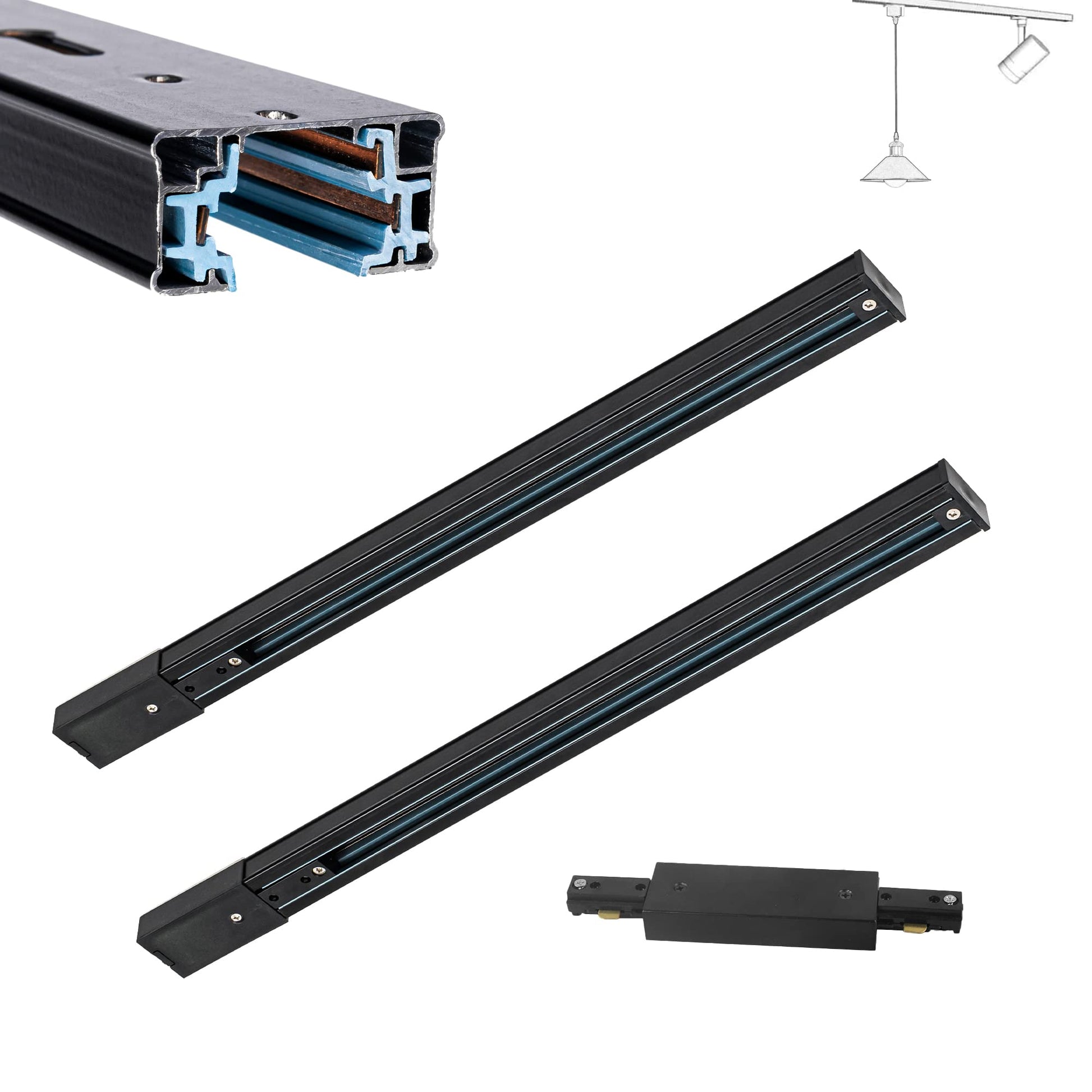 Black H-track lighting system components: tracks, connector, and cross-section, for customizable ceiling/wall track lighting.