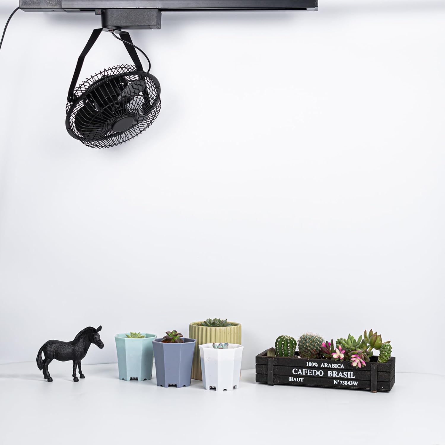 Black metal H-Type track fan above succulents, adjustable angle for home and office cooling, Vintage design, Kiven lighting.