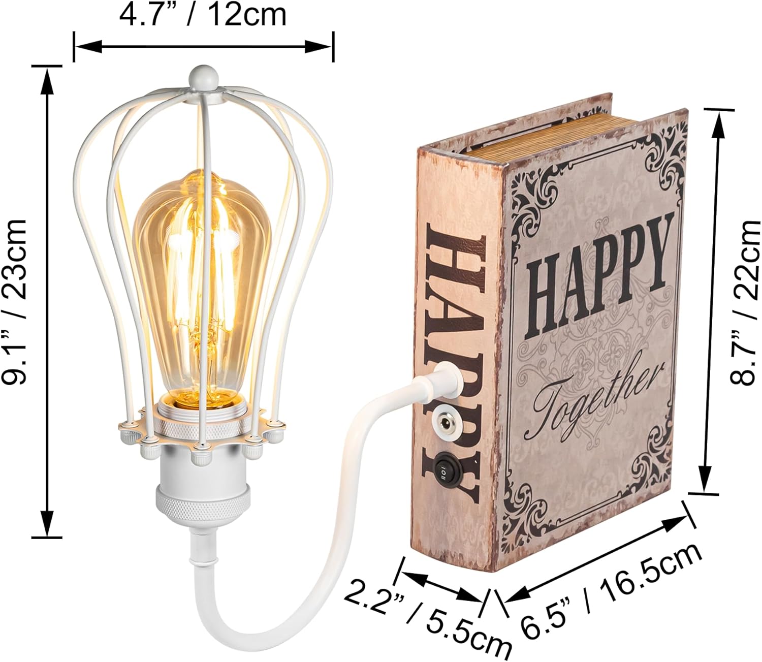 Kiven Cordless Bookshelf Lamp, Set of 2 Rechargeable Bookcase Lighting with Iron Lampshade, Farmhouse Decorative Bookend, Cordless Table Lamp for Bedside Bookshelf Cabinet Home Decor White DZ0006