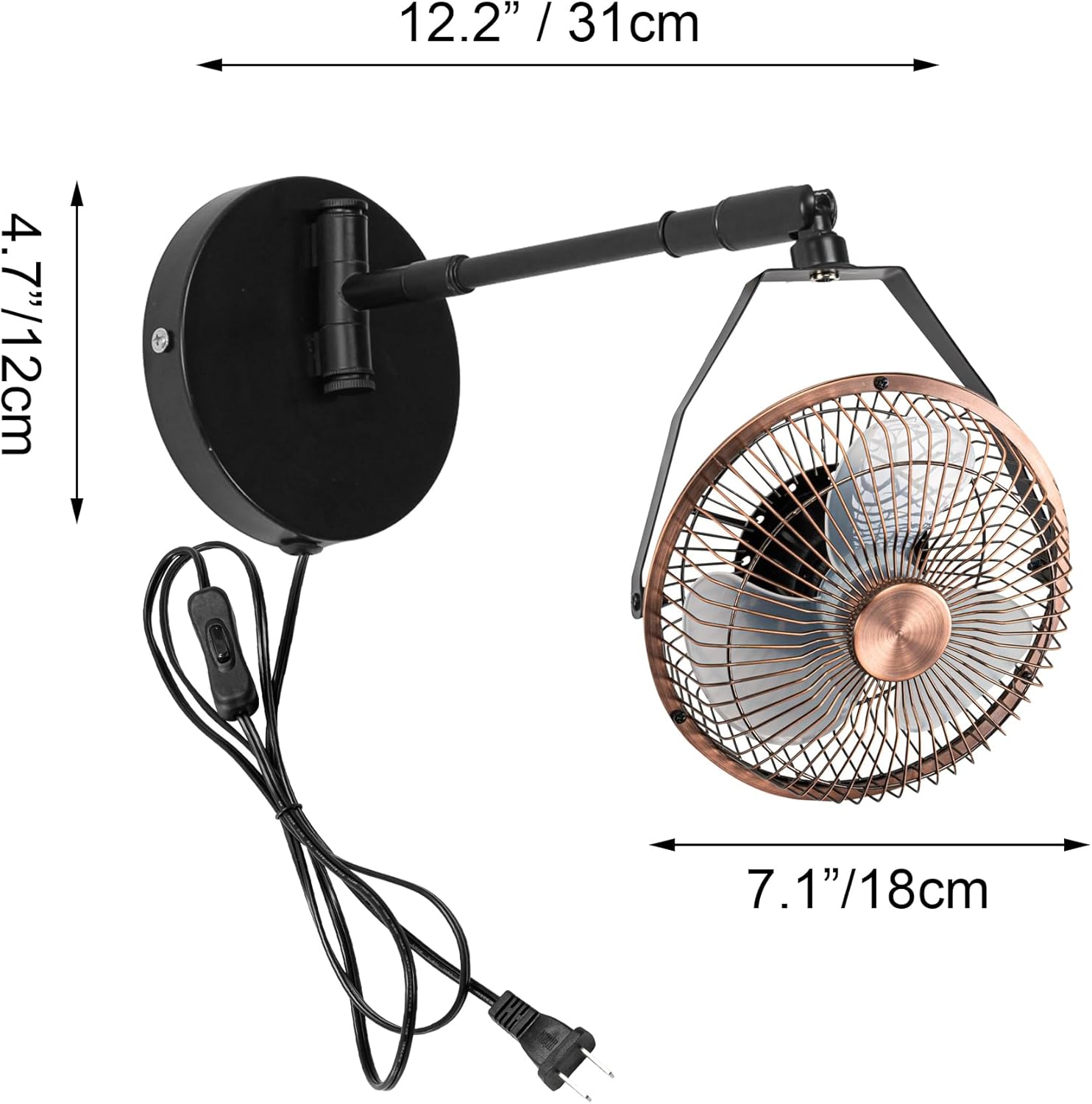 Kiven Small Wall Mount Swivel Fan with Flexible Arm, Modern Wall Mount Fans 7 Inch Wall fans with 5.9ft Plug in Cord, Vintage Ceiling Fans for Bathroom Kitchen Office