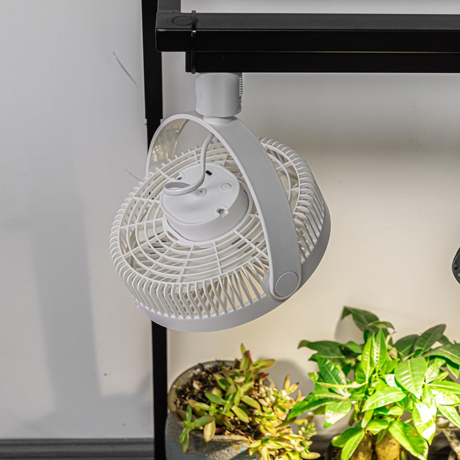 Kiven White Track Ceiling Mini Fan With Button H-Type Track Mount Adjustable Angle Simple Vintage Design For Kitchen Home Plant Shelf