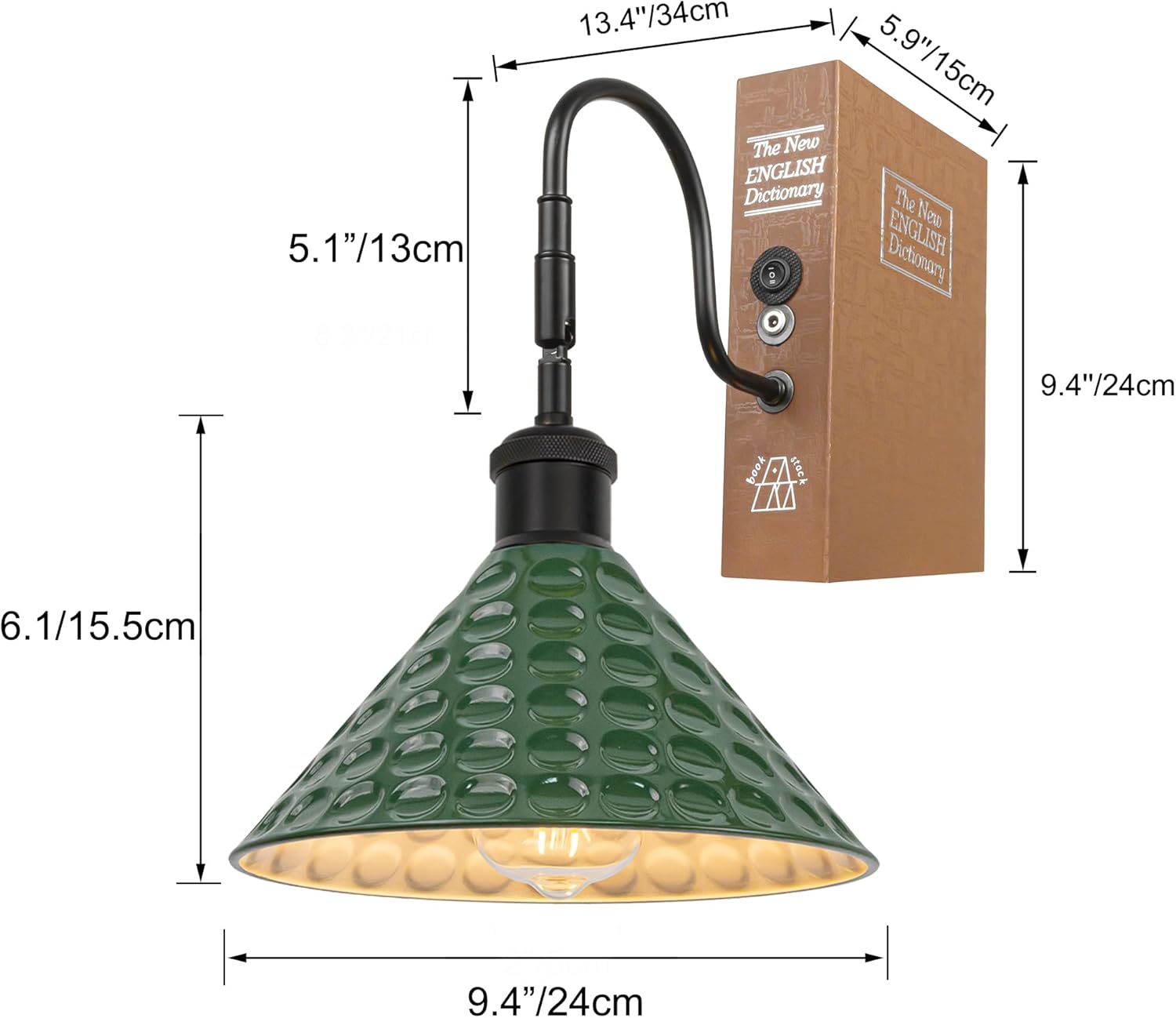 Kiven Cordless Bookshelf Lamp, 1-Light Rechargeable Bookcase Lighting with Green Iron Lampshade, Farmhouse Decorative Bookend, Cordless Table Lamp for Bedside Cabinet Bookshelf Home Decor