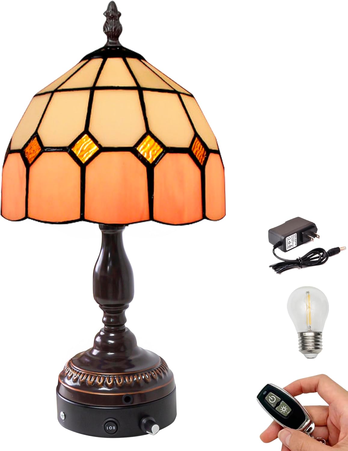 Kiven Cordless Table Lamp, Dimmable Bedside Lamps for Nightstand with Glass Lampshade, Tiffany-Style Rechargeable Desk Lamp for Reading Home Decor Bedside,1-Light