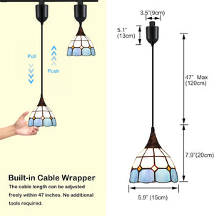 Kiven Baroque Halo Track Pendant Light Fixture with adjustable length and blue glass lampshade, suitable for kitchen island