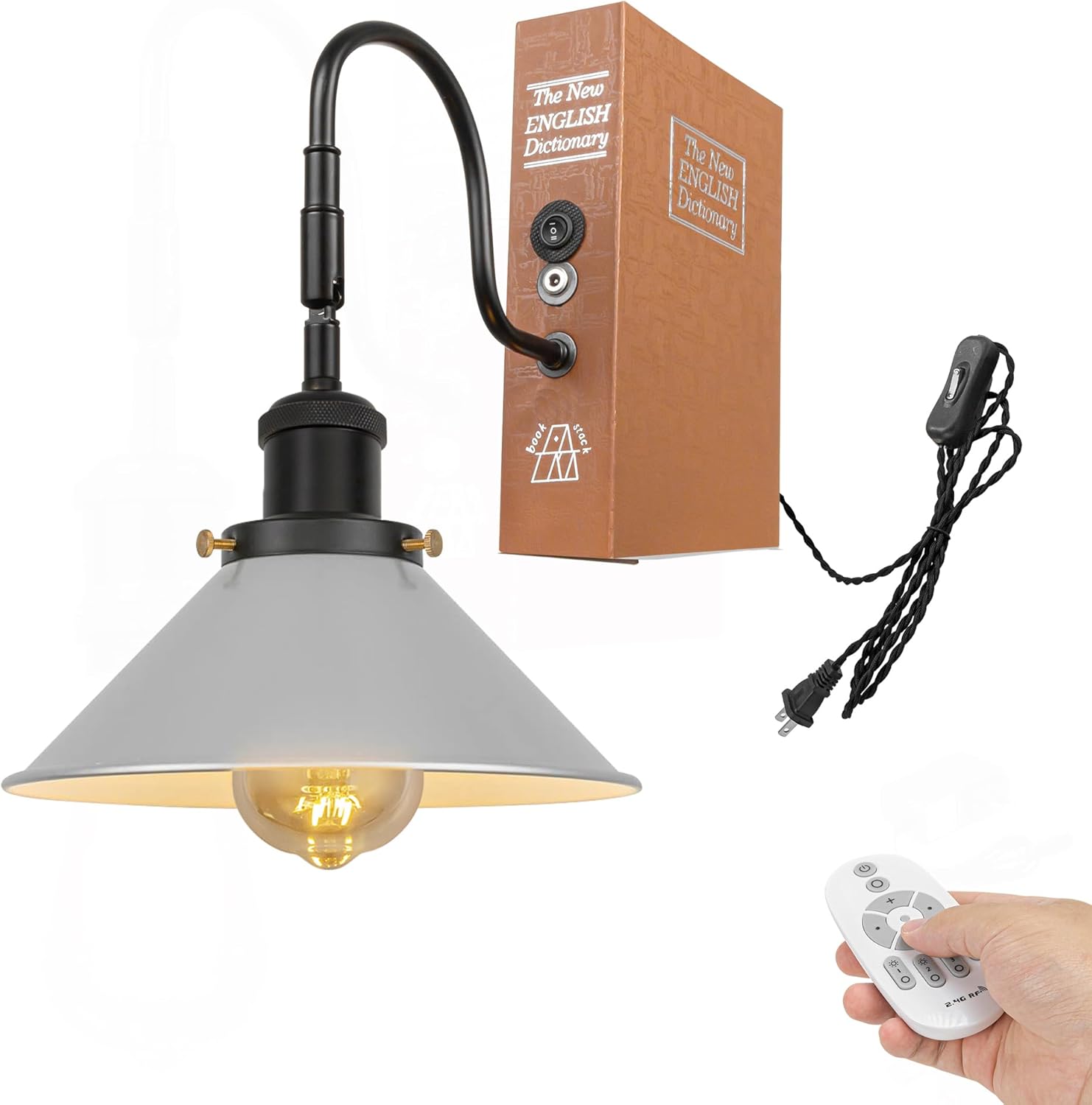 Kiven 1-Light Vintage Bookshelf Table Lamp with Remote Control, Farmhouse Decorative Bookend, Plug in Book Lamp for Office Home Decor Bedside Bookcase, Black