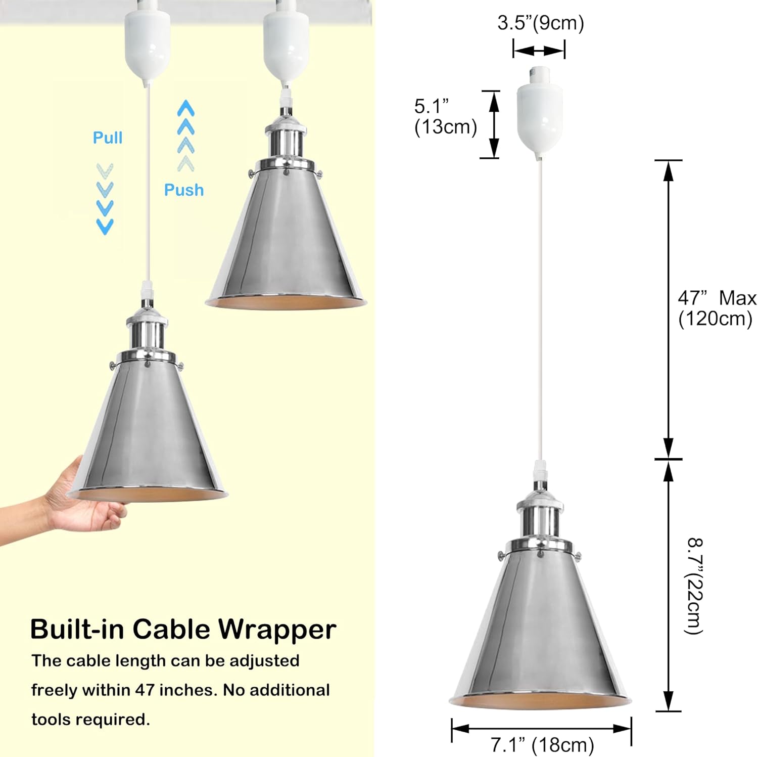 Kiven H-Type Track Lighting, 3-Light Modern Halo Track Pendant Light with Built-in Cable Wrapper Metal Lampshade, Dimmable H Track Light Pedant Adjustable Length for Bedroom Kitchen Shop, Silver Finish