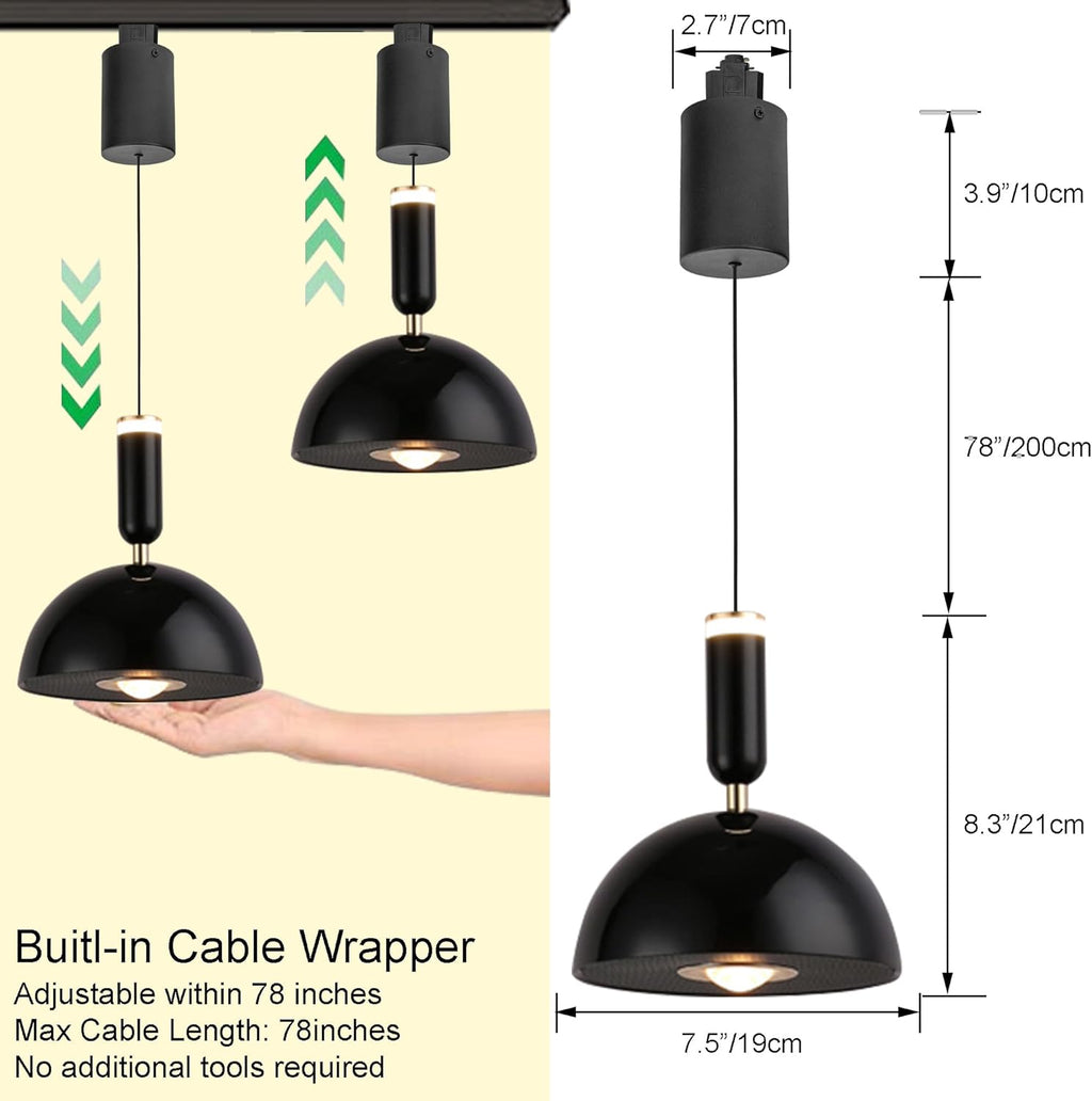 Black modern track pendant light, adjustable length with built-in cable wrapper. Perfect for kitchen or dining room lighting.