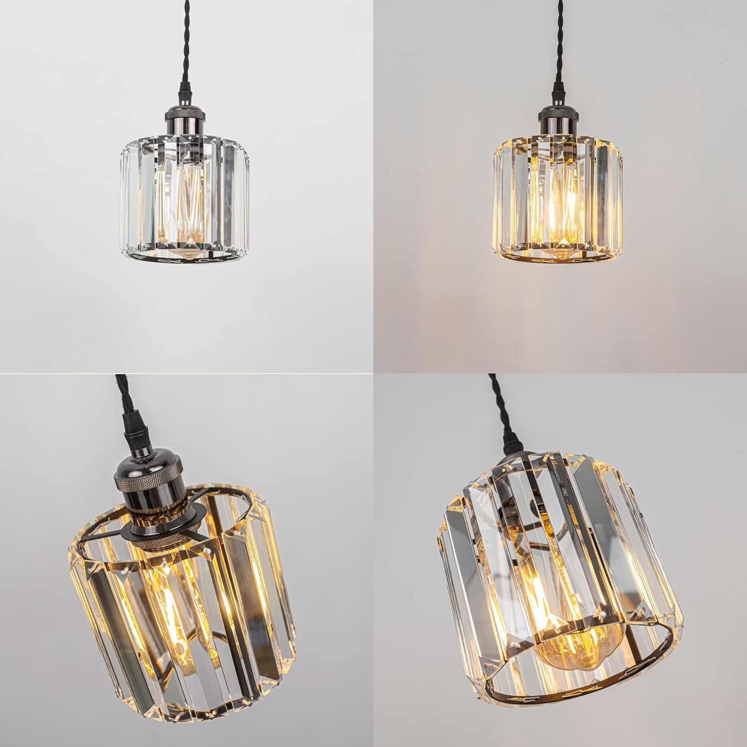 H-Type Track Lighting Pendants, 3-Light h Track Pendant Lights with Crystal Lampshade, H Track Light Pedant for Kitchen Island Home Cafe, Cord Length Customization,Black Finish Socket