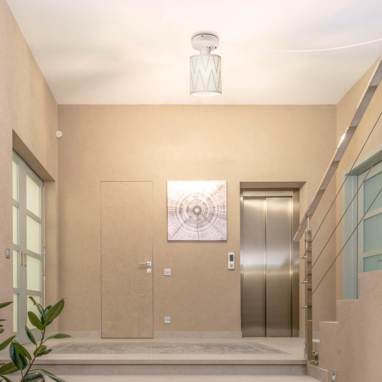 Kiven Motion Sensor Ceiling Light installed in a hallway, featuring a white geometric shade for industrial style lighting.