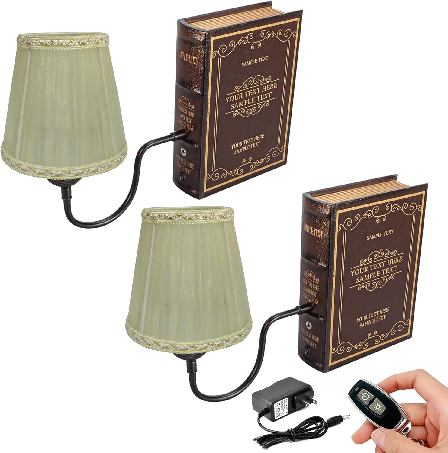 Kiven Cordless Bookshelf Lamp, Set of 2 Rechargeable Bookcase Lighting with Pink Fabric Lampshade, Farmhouse Decorative Bookend, Cordless Table Lamp for Bedside Bookshelf Home Decor