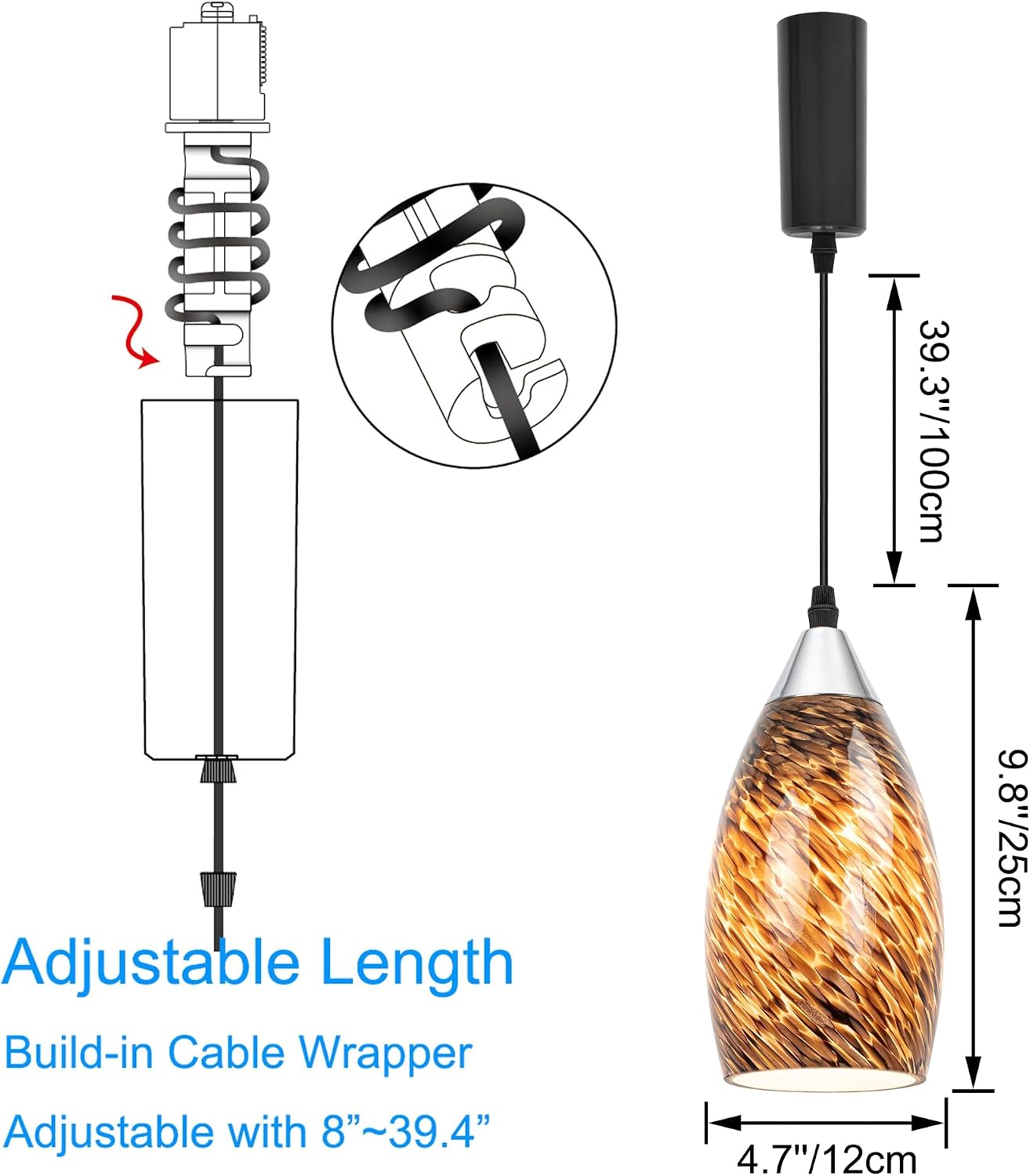 Kiven H-Type Track Lighting Pendants Adjustable Height,Farmhouse h Track Pendant Lights with Brown Glass Lampshade,Decorative Track Lighting Fixture for Kitchen Island Hallway, 3-Light