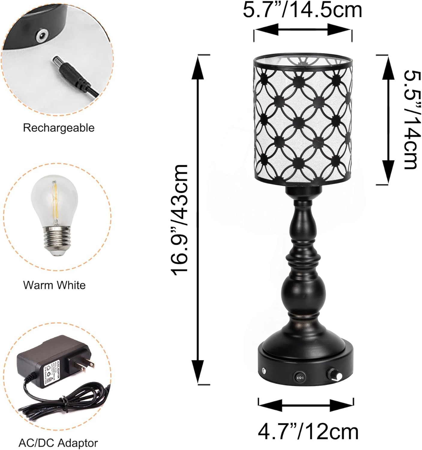 Kiven Cordless Table Lamp,Dimmable Rustic Farmhouse Bedside Desk Lamps with Metal Lampshade,2700K Warm White, Rechargeable Nightstand Lamp for Office Home Decor Bedside DZ0473
