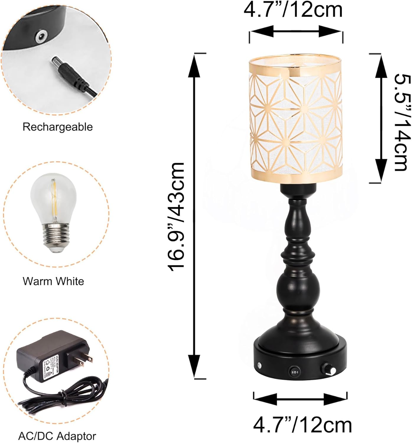 Kiven Cordless Table Lamp,Dimmable Rustic Farmhouse Bedside Desk Lamps with Metal Lampshade,2700K Warm White, Rechargeable Nightstand Lamp for Office Home Decor Bedside DZ0476-S