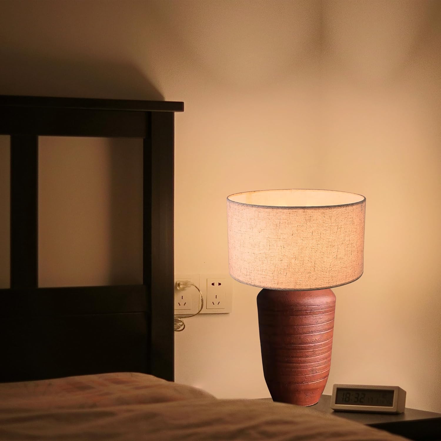 Rustic Terracotta Ceramic Pot Table Lamp Rechargeable Battery Operated RGB Bulb, Remote, Wireless Timer 15 Color Temperature Beige Dome Fabric Shade Farmhouse Bedside Lamps, Terra Cotta