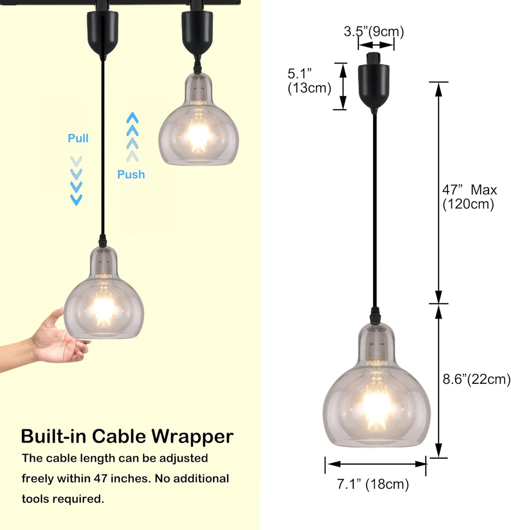 Kiven J-Type Track Lighting, 1-Light Modern Juno Track Pendant Light with Clear Glass Lampshade, J Track Light Pendant Adjustable Length for Bedroom Kitchen Shop (Bulb NOT included)