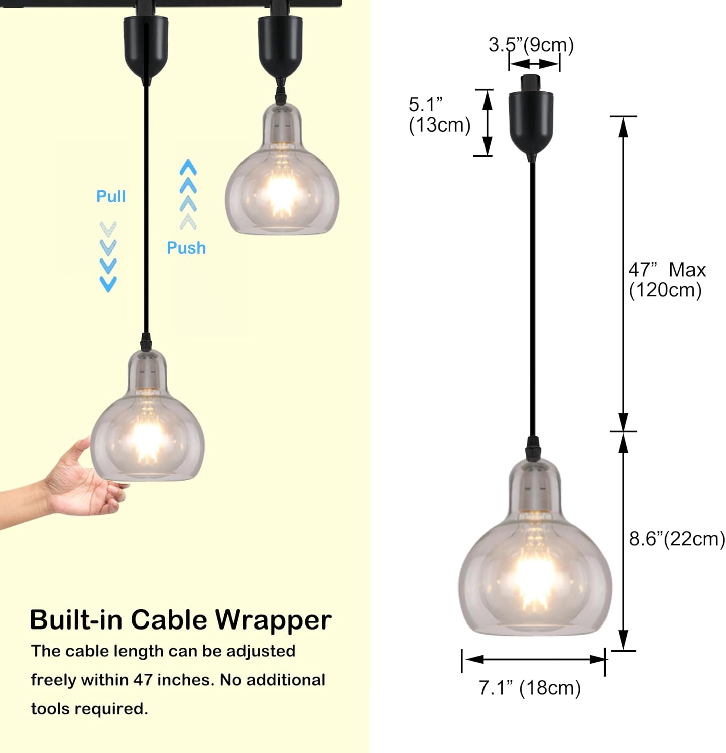 Kiven J-Type Track Lighting, 1-Light Modern Juno Track Pendant Light with Clear Glass Lampshade, J Track Light Pendant Adjustable Length for Bedroom Kitchen Shop (Bulb NOT included)