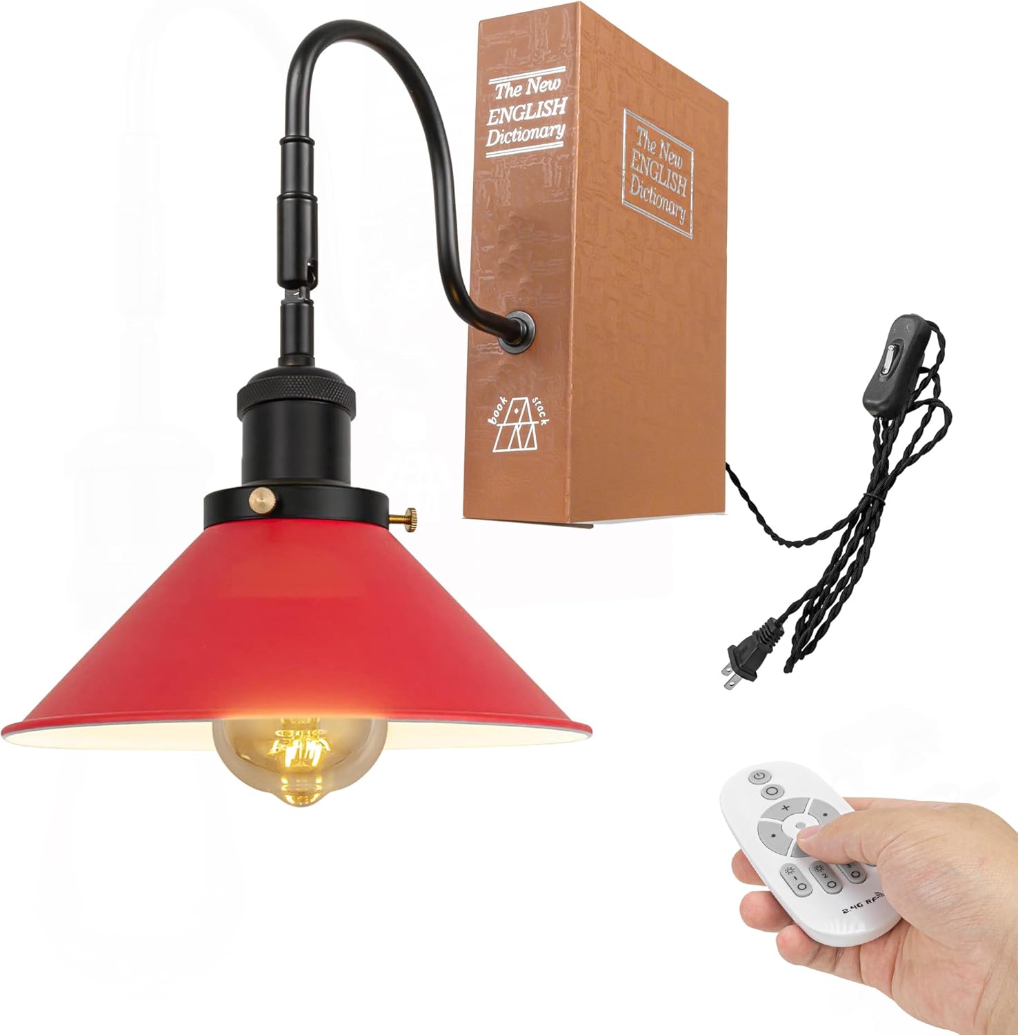Kiven 1-Light Vintage Bookshelf Table Lamp with Remote Control, Farmhouse Decorative Bookend, Plug in Book Lamp for Office Home Decor Bedside Bookcase, Black