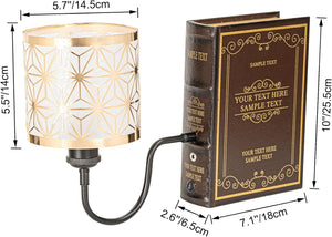 Cordless Bookshelf Lamp, book-shaped design, geometric lampshade, bedside decor. Includes dimensions, Farmhouse style.