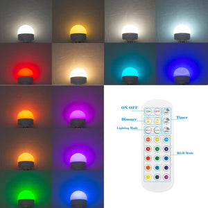 Kiven Cordless Bookshelf Lamp showing various light colors and modes, remote control included.