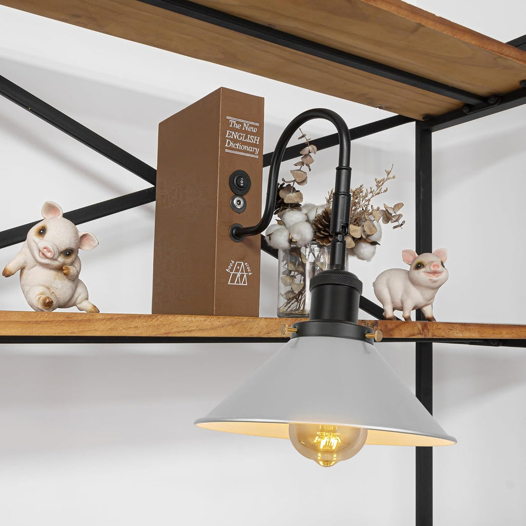Kiven Cordless Bookshelf Lamp, 1-Light Rechargeable Bookcase Lighting with Iron Lampshade, Farmhouse Decorative Bookend, Cordless Table Lamp for Bedside Bookshelf Cabinet Home Decor,Silver