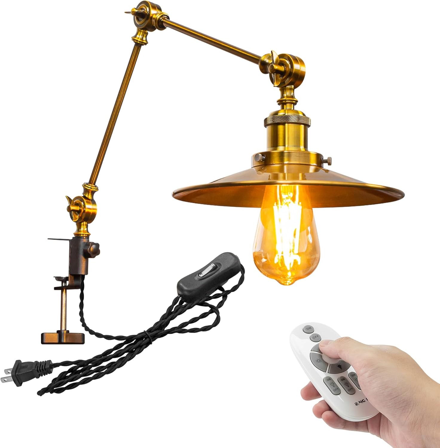 Kiven Dimmable Clip-on Desk Lamp, 1-Light Iron Modern Nightstand Lamps with Flexible Swing Arm, 8.2FT Plug in Cord, Decorative Clamp Lamp for Office Bedside Bookshelf Cabinet E26 Sokcet,Black