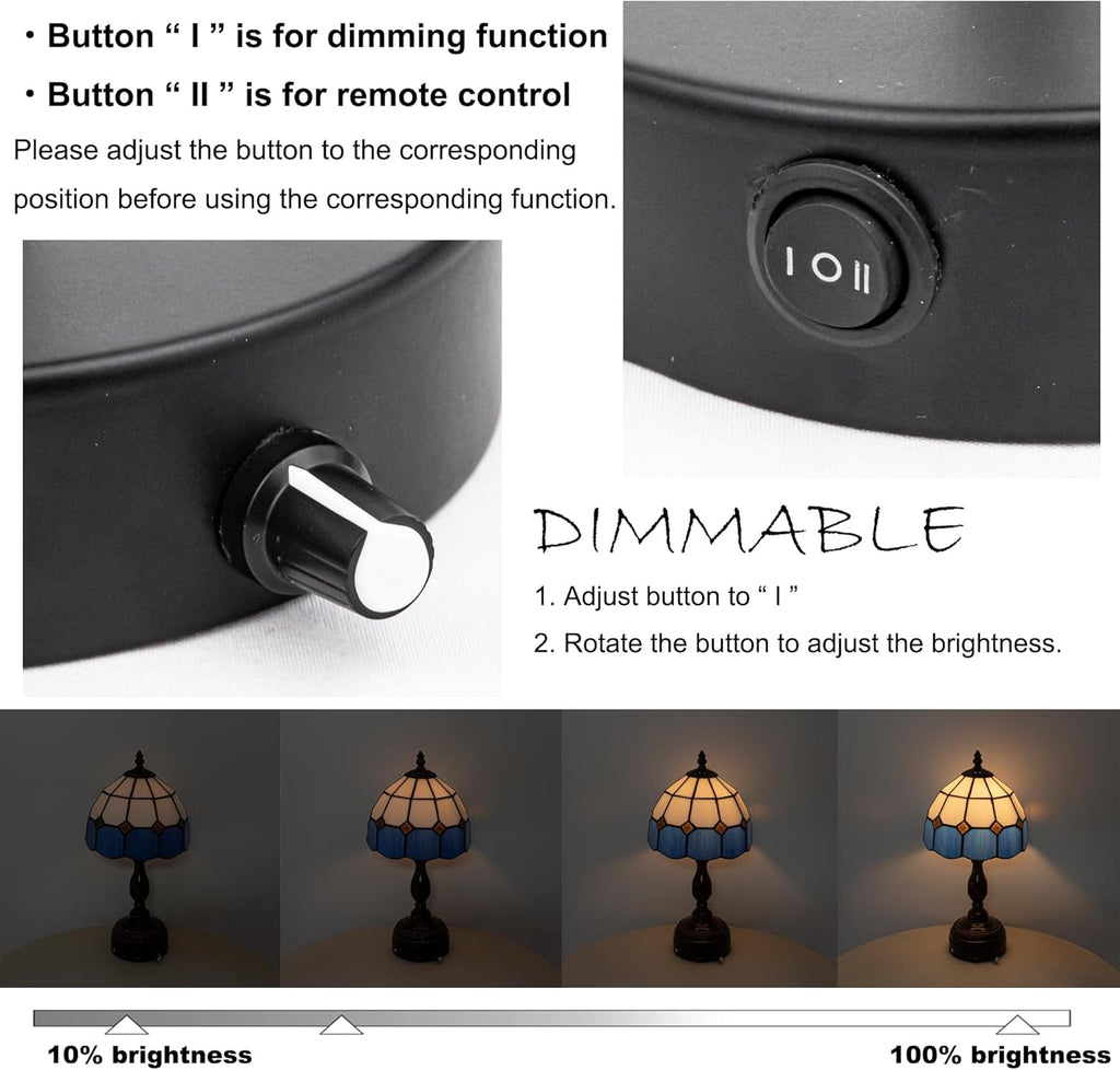 Kiven Battery Operated Tiffany Table Lamp, Dimmable Stained Glass Wireless Desk Lamp with Remote, 5V Portable Nightstand Light for Bedroom & Living Room