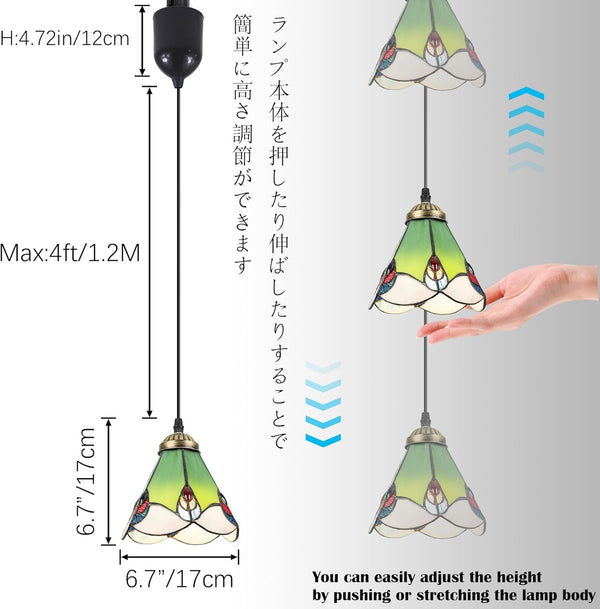 Mini Adjustable Cord Length L Type Track Lighting Green Lily Flower Stained Art Glass 4 Ft Track Mount Pendant Light Decorate for Kitchen Island Sloped and Vaulted Ceiling Customizable
