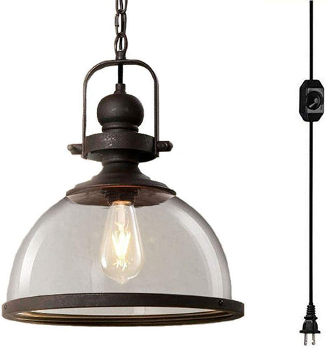 1-Light Plug in Clear Glass Pendant Light, Black
