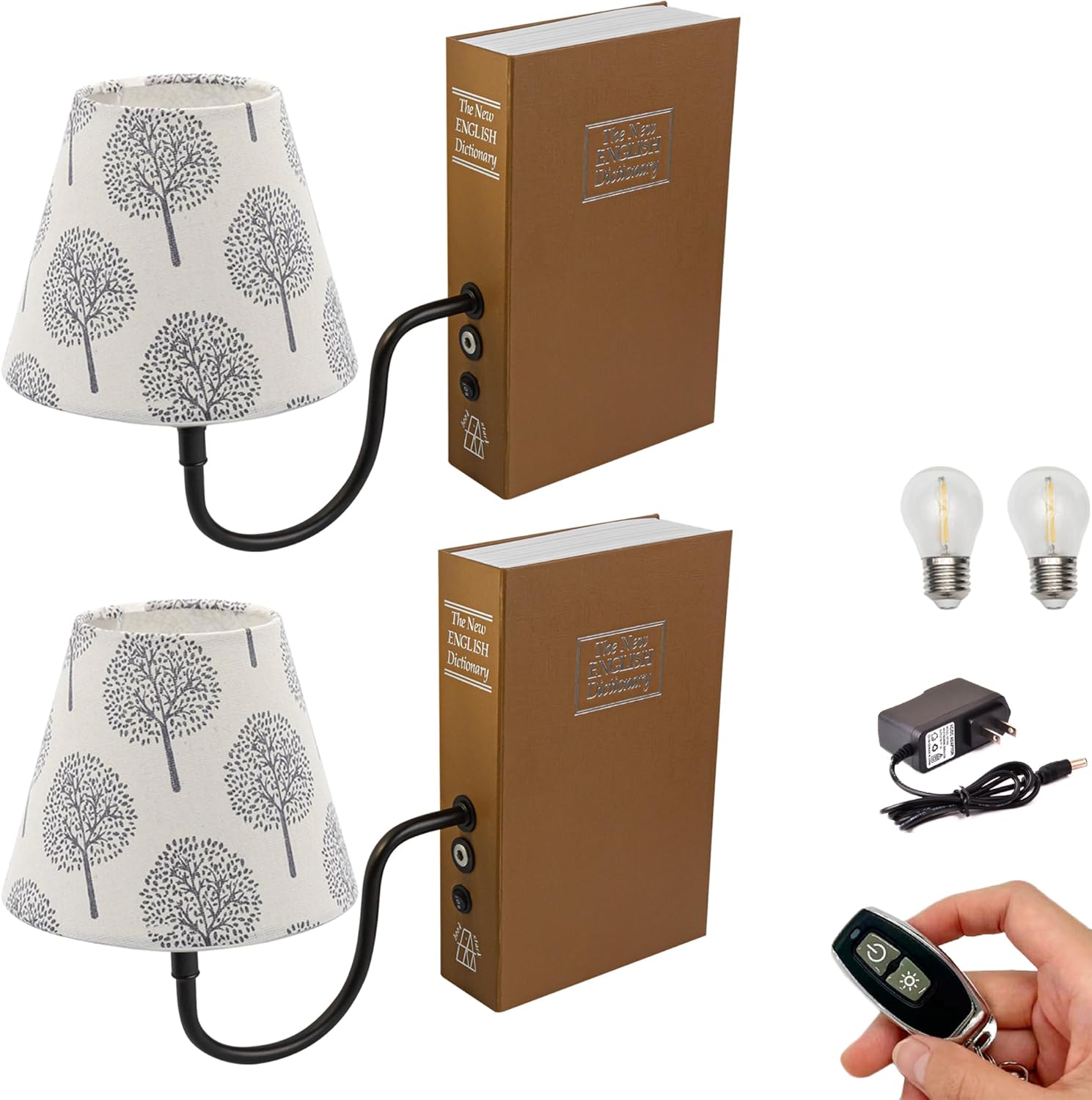 Kiven Cordless Table Lamp, Set of 2 Rechargeable Bookshelf Lamp with Gray Fabric Lampshade, Farmhouse Decorative Bookend, Cordless Lamp for Office Home Decor Bedside Bookshelf