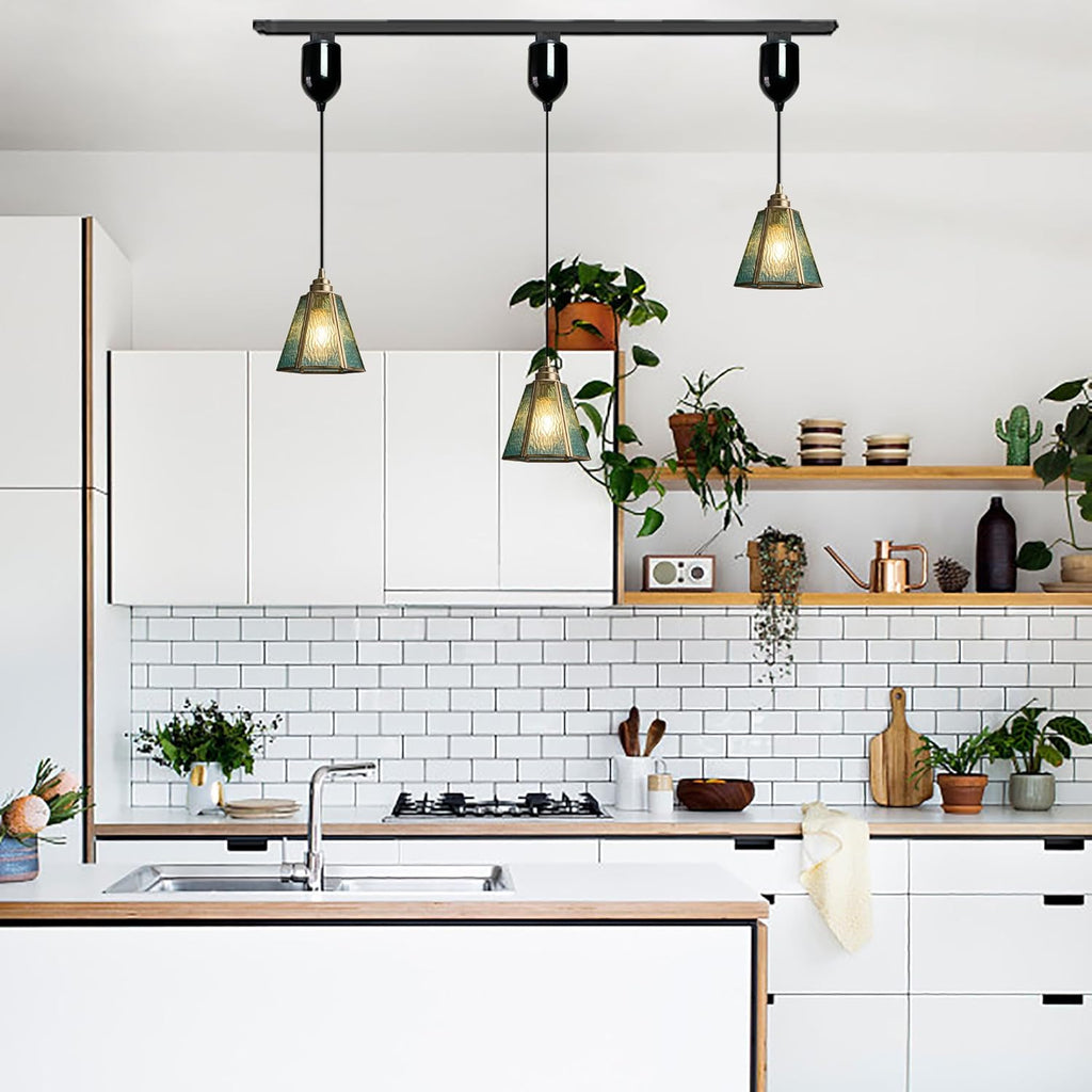 Antiqued glass pendant track lighting, 3 lights, ideal for kitchen or dining room. Industrial and vintage style fixture.