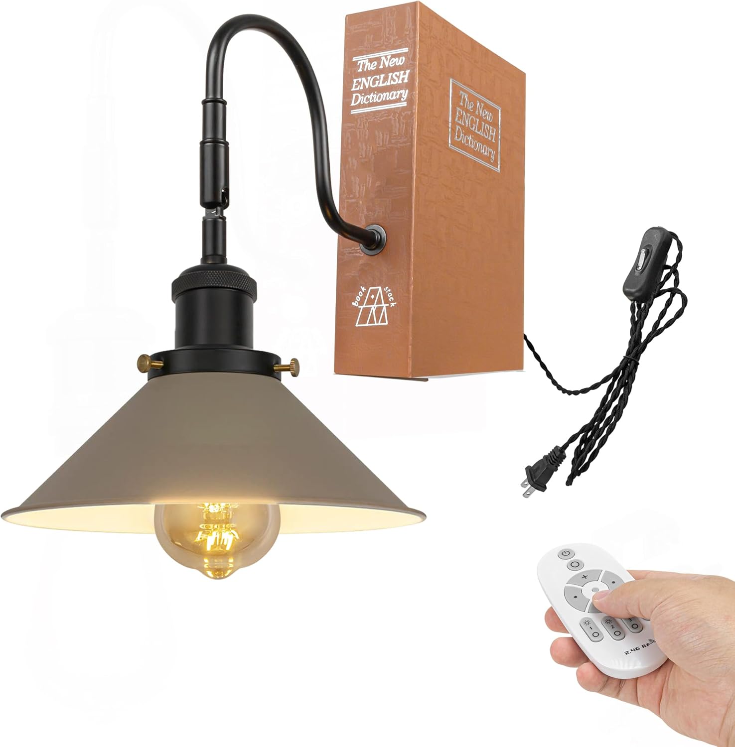 Kiven 1-Light Vintage Bookshelf Table Lamp with Remote Control, Farmhouse Decorative Bookend, Plug in Book Lamp for Office Home Decor Bedside Bookcase, Black