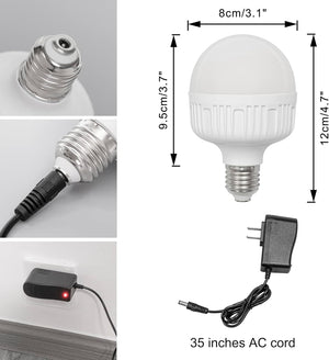Kiven Table Lamp components: bulb, charger, and 35-inch AC cord, detail of LED nightstand lamp parts, dimensions included.