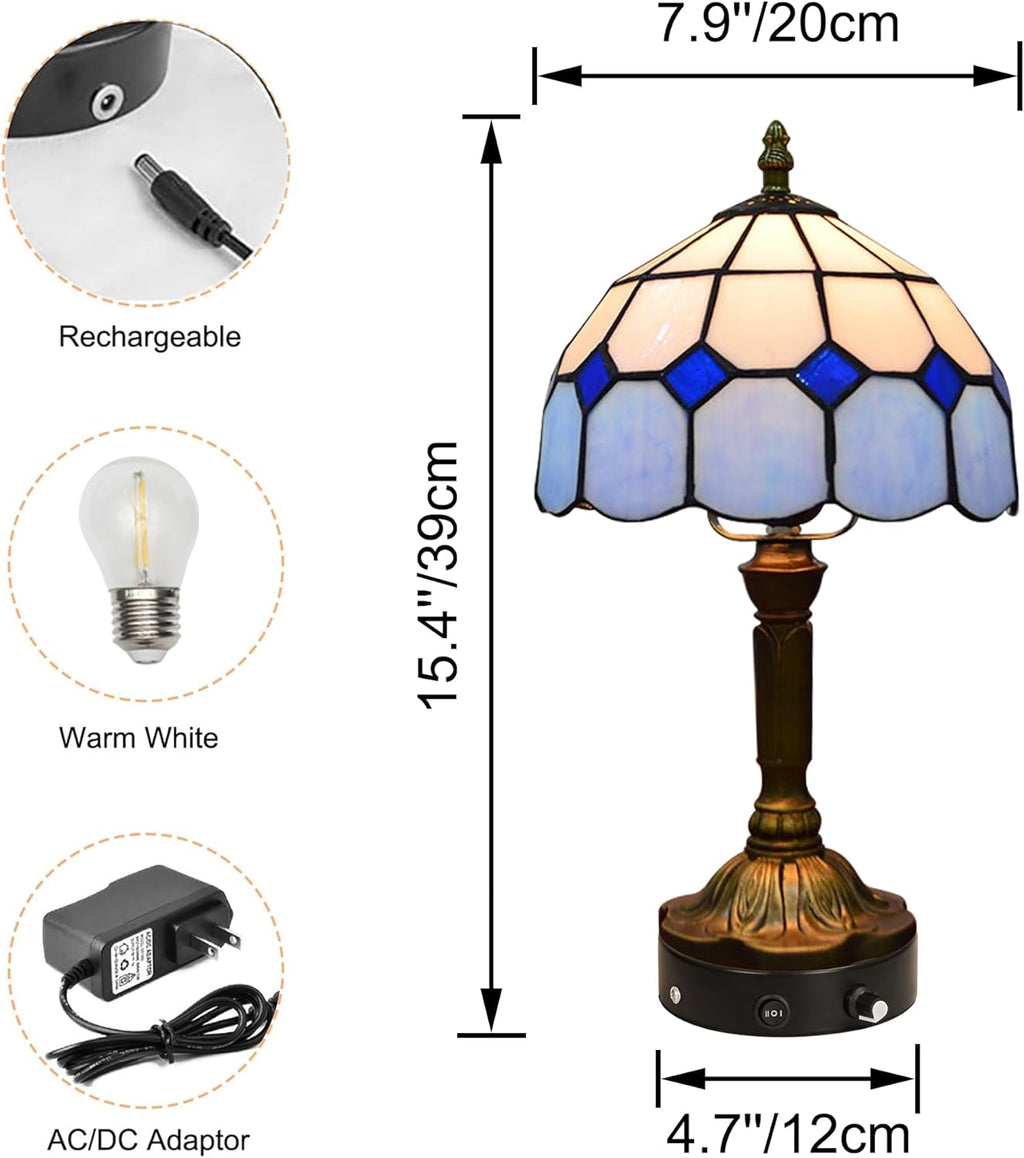 Kiven Battery Operated Tiffany Table Lamp, Dimmable Stained Glass Wireless Desk Lamp with Remote, 5V Portable Nightstand Light for Bedroom & Living Room