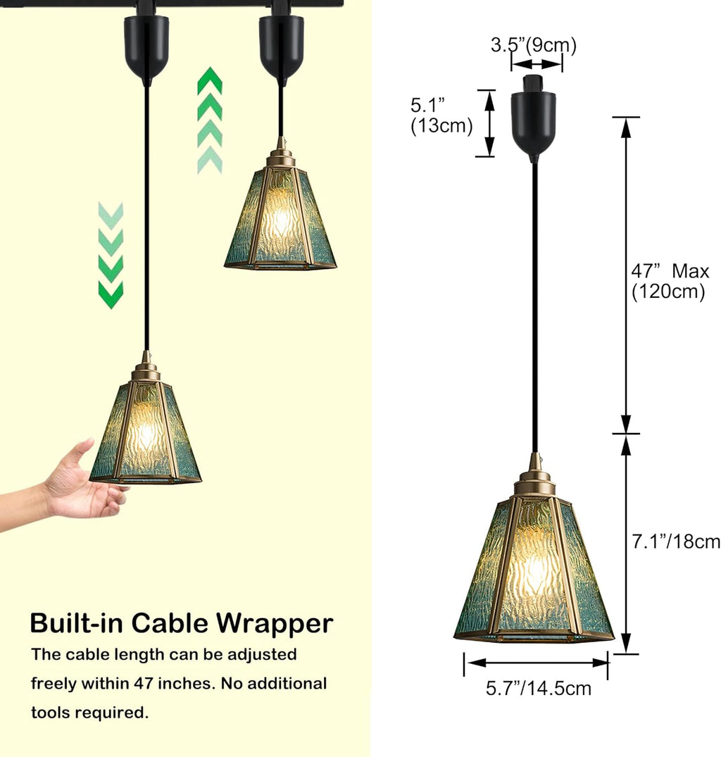 3-Light Track Lighting Pendant with Antiqued Glass Shades, ideal for kitchen lighting. Industrial and vintage style fixture.