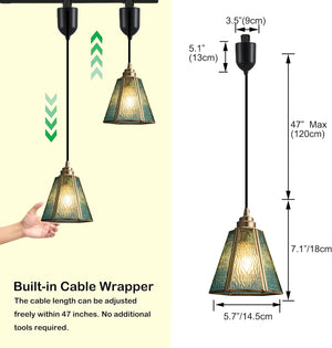 Antiqued glass pendant track lighting with adjustable cord, showcasing dimensions and built-in cable wrapper.
