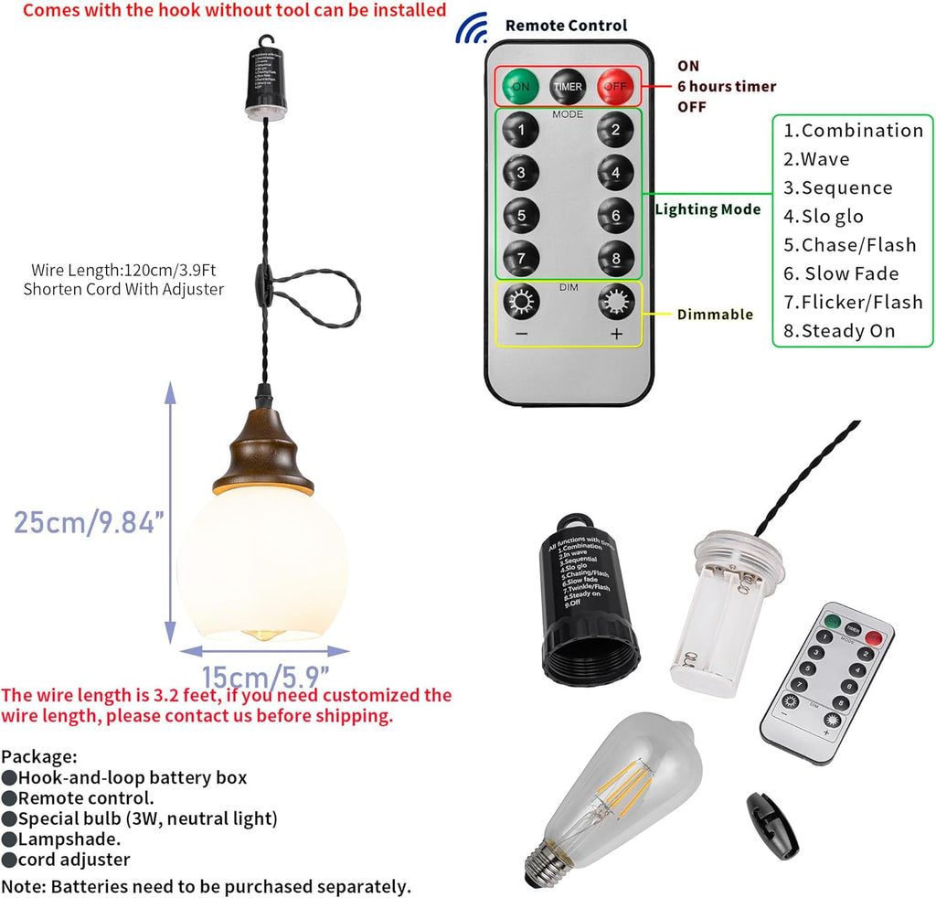 Walnut Base White Glass Ball Shade Hook Hanging Battery Lamp Neutral Lighting 3.2Ft Adjusted Cord Remote Dimmable Vintage Light for Small Space Store Home
