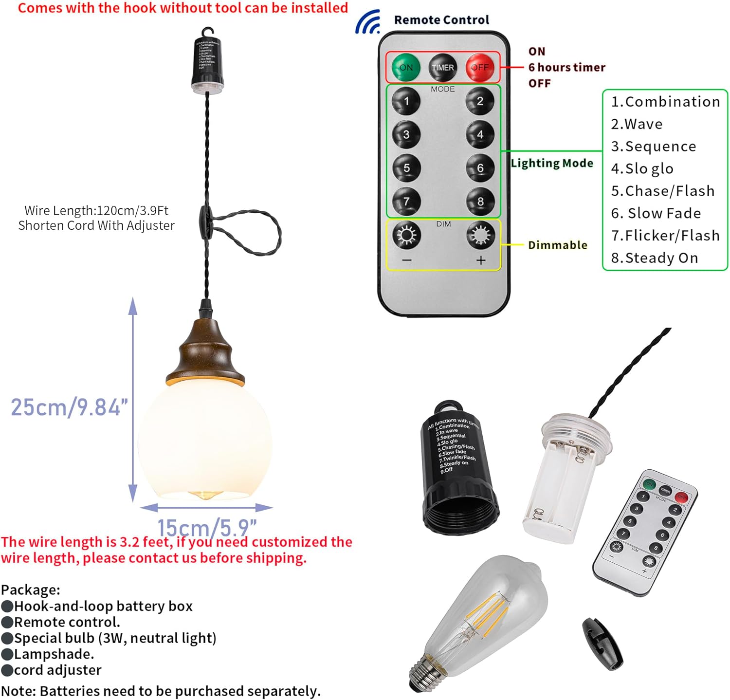 Walnut Base White Glass Ball Shade Hook Hanging Battery Lamp Neutral Lighting 3.2Ft Adjusted Cord Remote Dimmable Vintage Light for Small Space Store Home