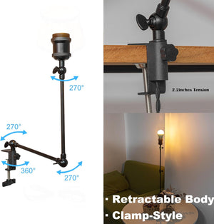 Kiven clip-on desk lamp, flexible arm, clamp-style, retractable body, 270° and 360° rotation for versatile lighting.
